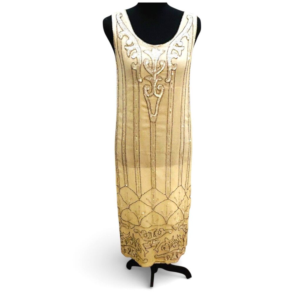 Vintage Flapper Style Silk Beaded Sheer Shift Dress 1970s/80s Deco Revival XS/S